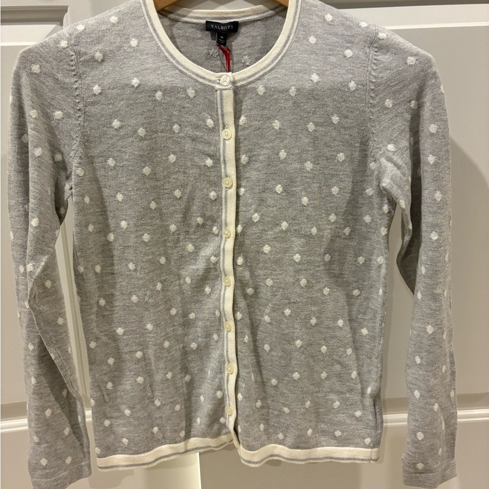 Talbots Gray Dot Knit Cardigan with Cream Trim